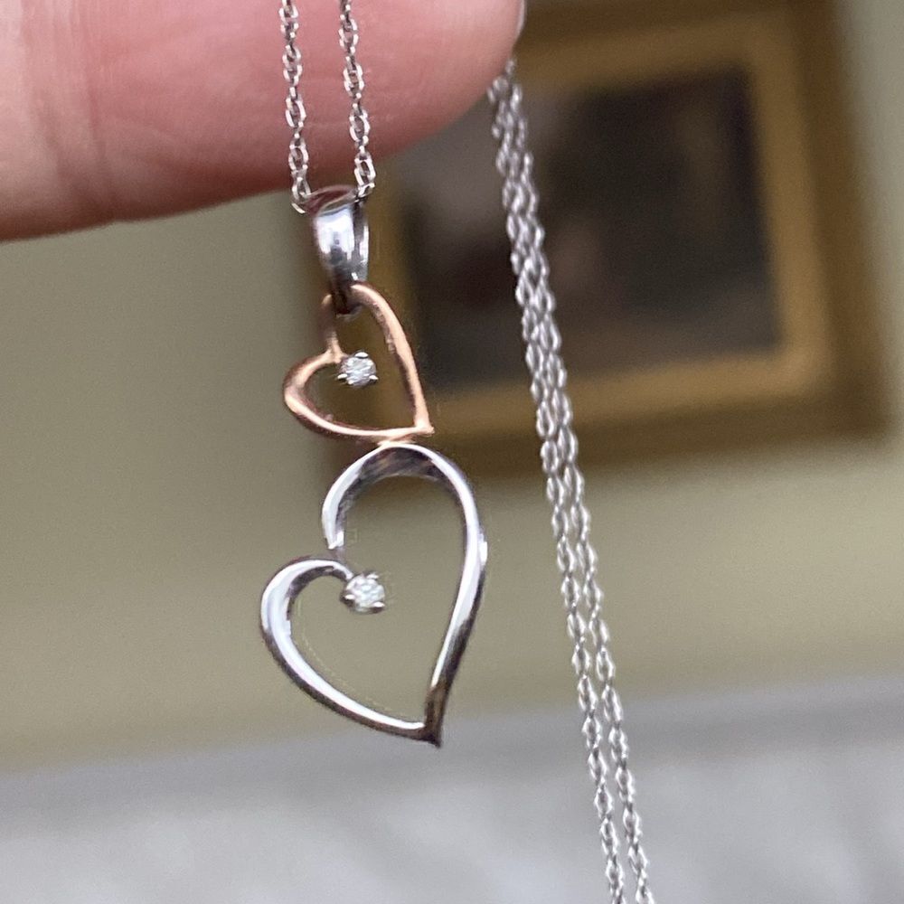 Ben Moss 10K White & Rose Gold & Diamonds Two Hearts Necklace Minimalist